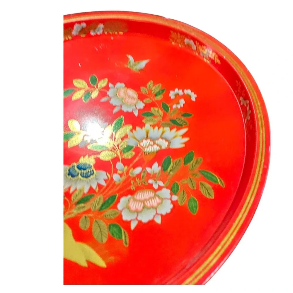 China Woods Floral Butterfly Round Metal‎ Tray Red Gold Made in England